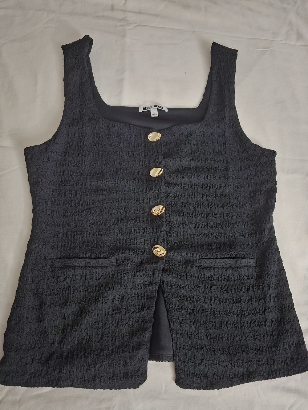 Derek Heart Black Textured Tank with Gold Buttons